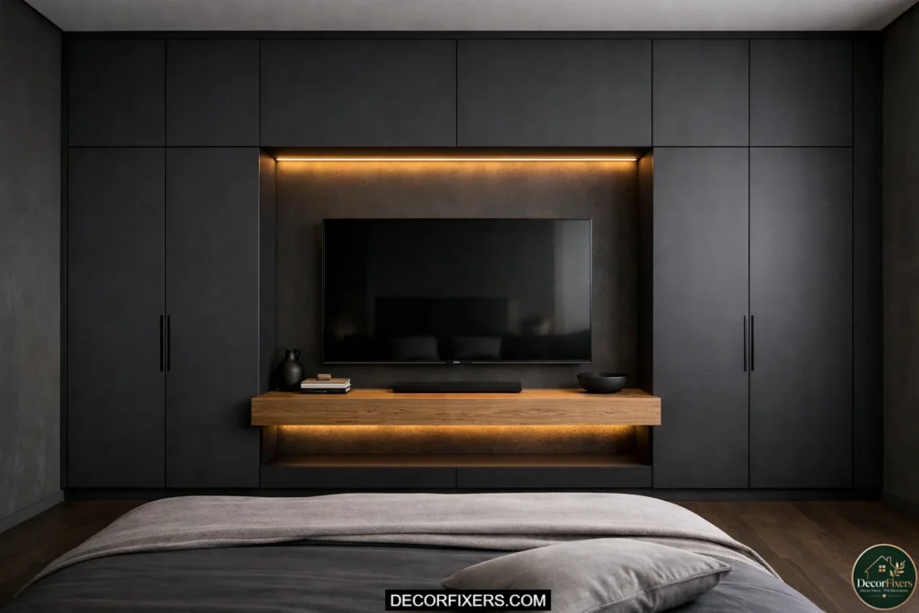 Floor-to-ceiling wardrobes framing a central TV media wall in a bedroom.
