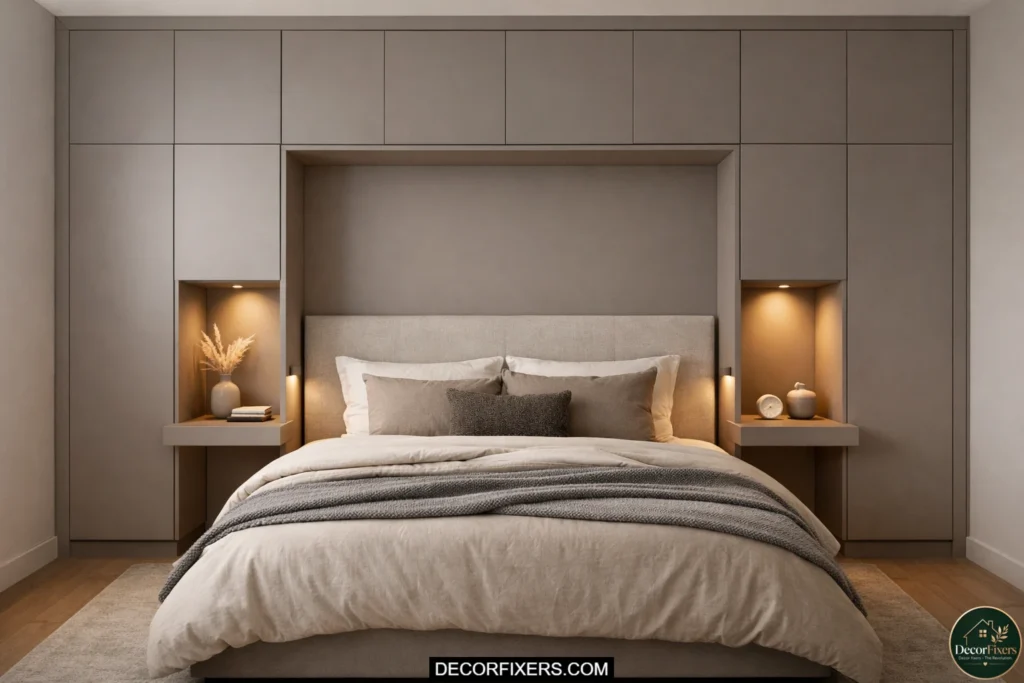 Built-in wardrobe with recessed bedside table niches beside the bed.