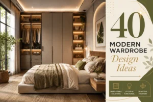 Modern luxury bedroom with floor-to-ceiling built-in wardrobe design, warm LED-lit storage, upholstered platform bed, and elegant neutral decor beside a stylish editorial graphic reading “40 Modern Wardrobe Design Ideas”