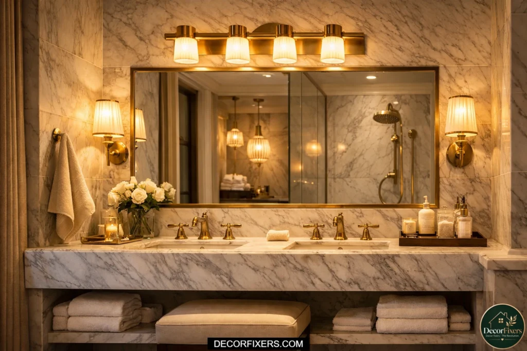 Warm brass vanity lights paired with marble surfaces in a luxury bathroom.