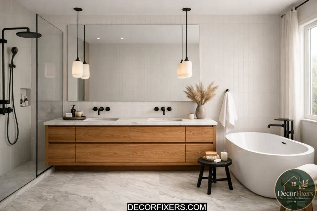 Scandinavian bathroom with warm greige walls, floating oak vanity, matte black fixtures, and soft Nordic lighting.
