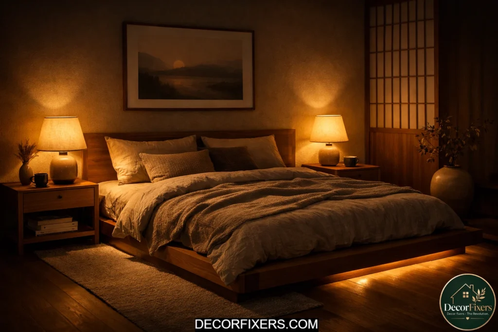 Japandi bedroom with warm bedside lighting and cozy nighttime ambiance