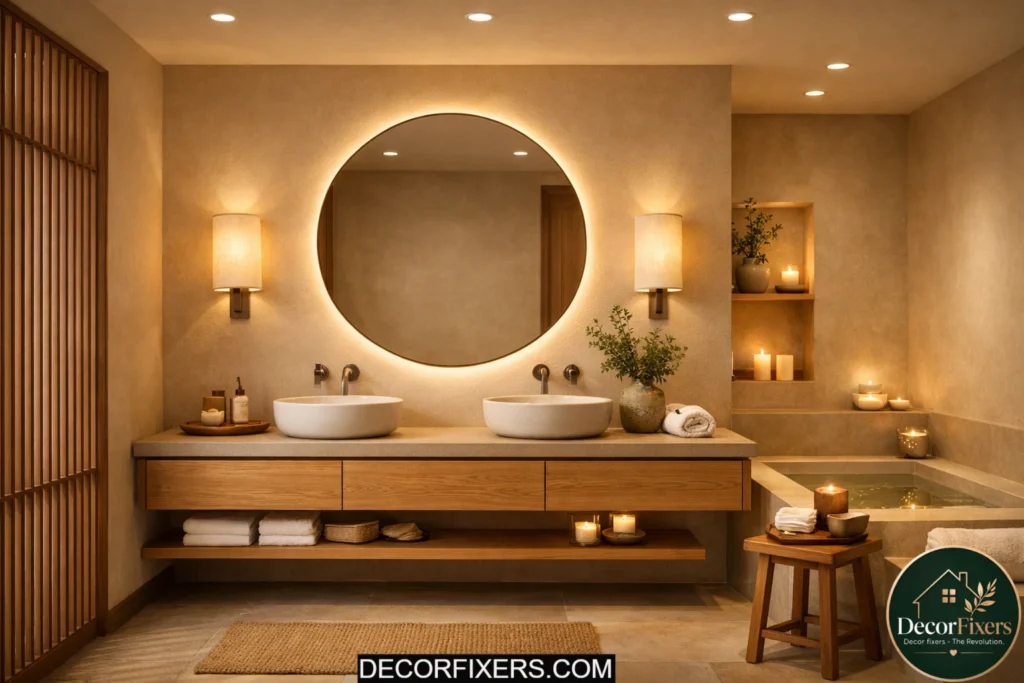 Warm layered lighting setup in calming Japandi bathroom interior