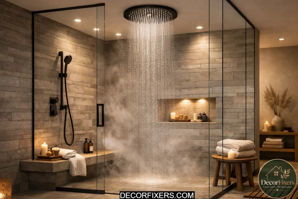 Scandinavian bathroom illuminated with warm 2700K LED lighting.