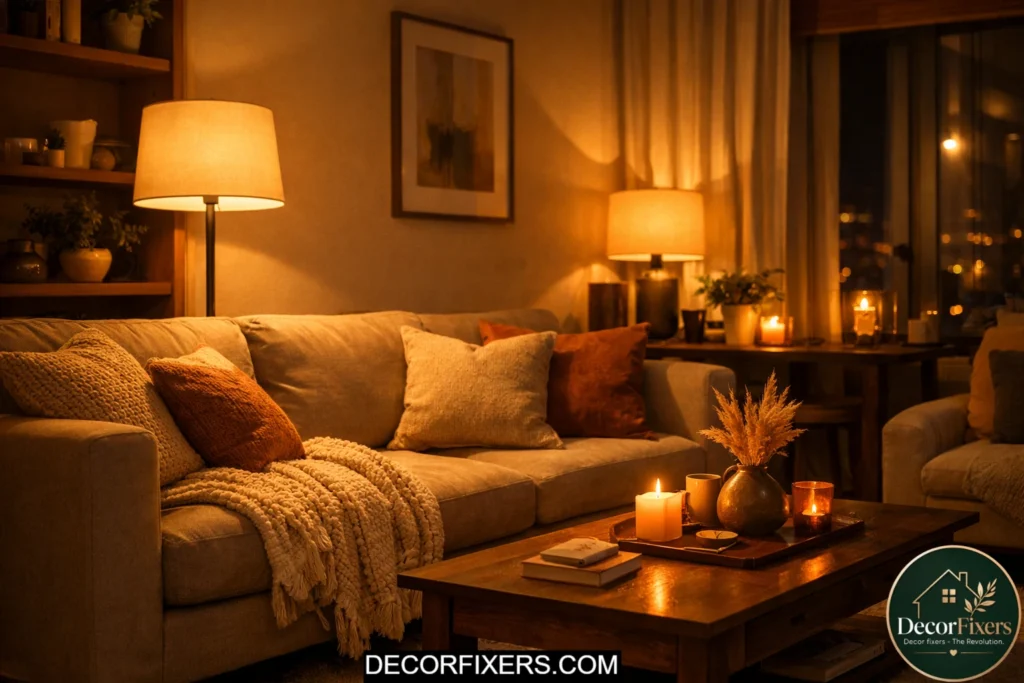 Warm lighting transformation in living room using soft LED bulbs