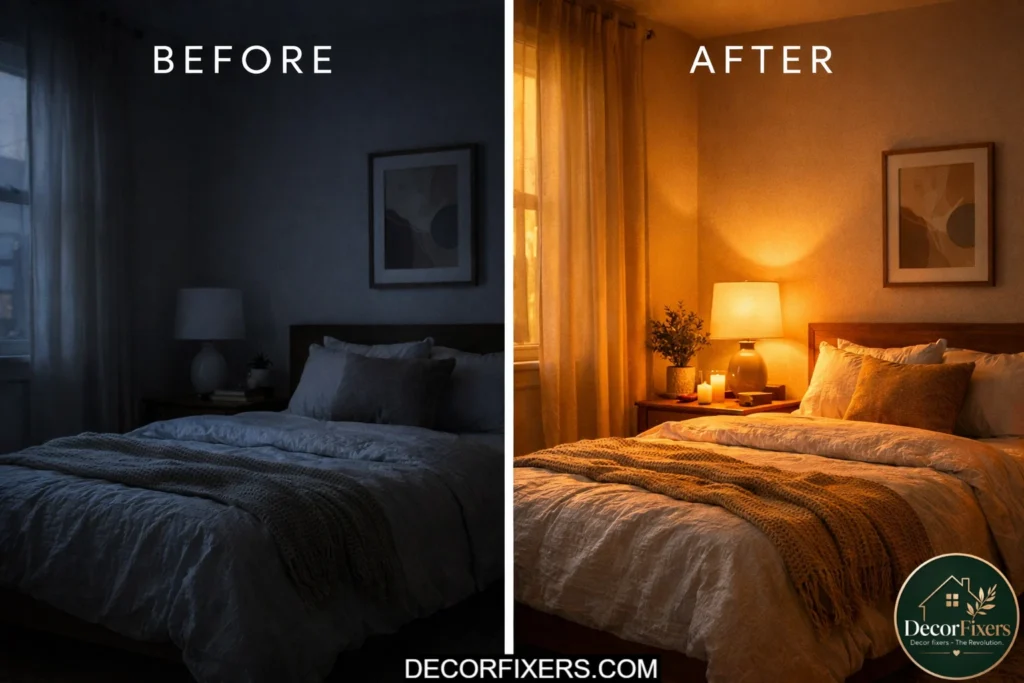 Warm white lighting transformation making a bedroom feel cozy and inviting