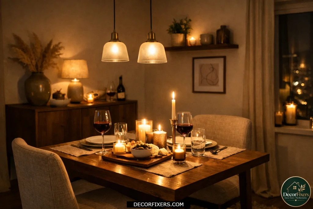 Tiny dining room with warm lighting and candles creating a cozy luxurious atmosphere.