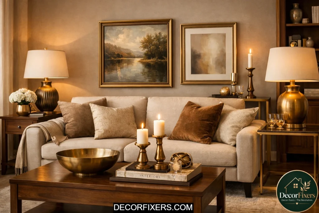 Warm metallic accents creating cohesive living room design style