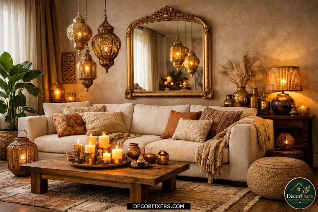Boho living room with brass and copper decorative accents