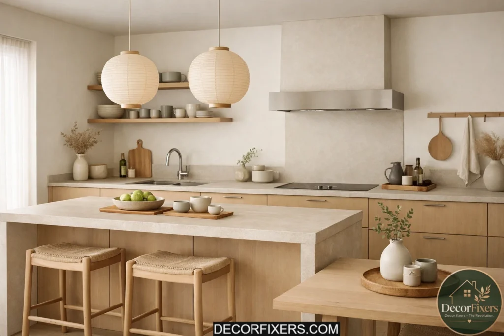 Warm neutral Japandi kitchen with beige cabinetry, soft lighting, and calming minimalist decor.