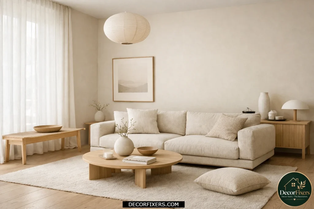 Warm neutral Japandi living room with oatmeal sofa and soft natural textures