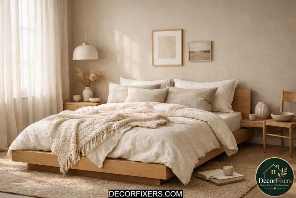 Scandinavian bedroom with warm greige walls, oak furniture, and cozy neutral bedding.