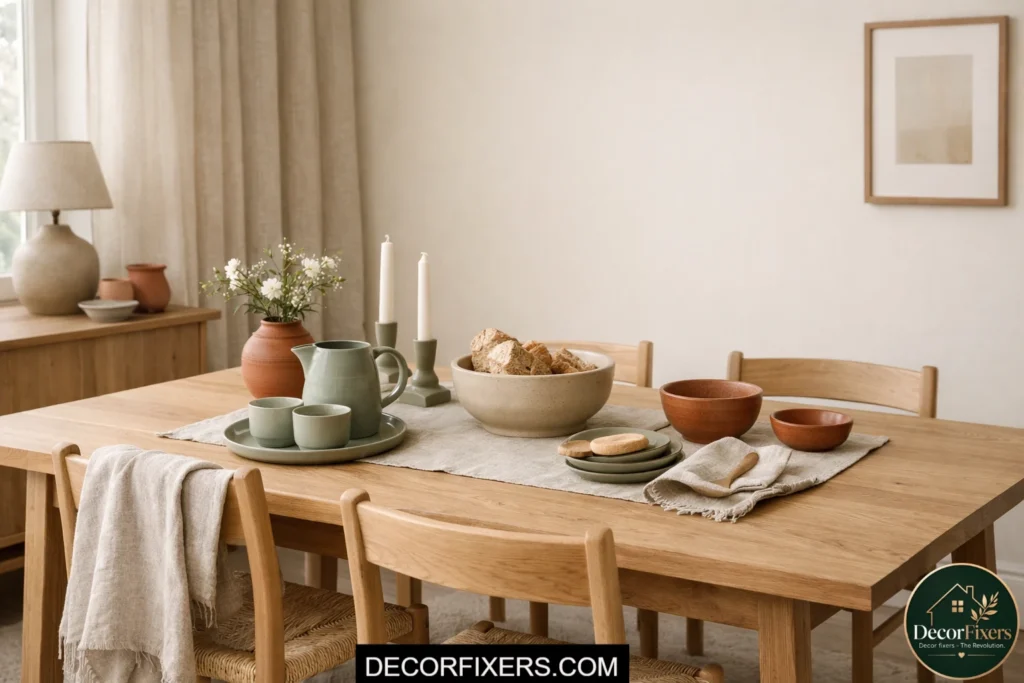 Scandinavian dining room with warm white walls, oak dining table, soft beige textiles, and muted sage accents in natural daylight