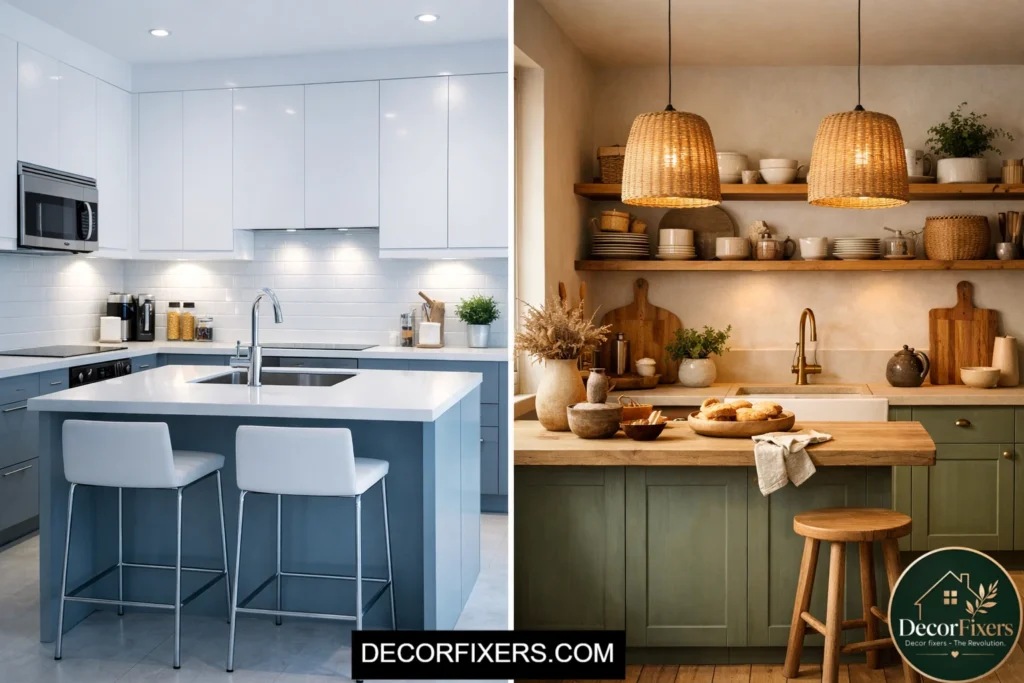 Comparison between cold white and warm Scandinavian kitchen palette