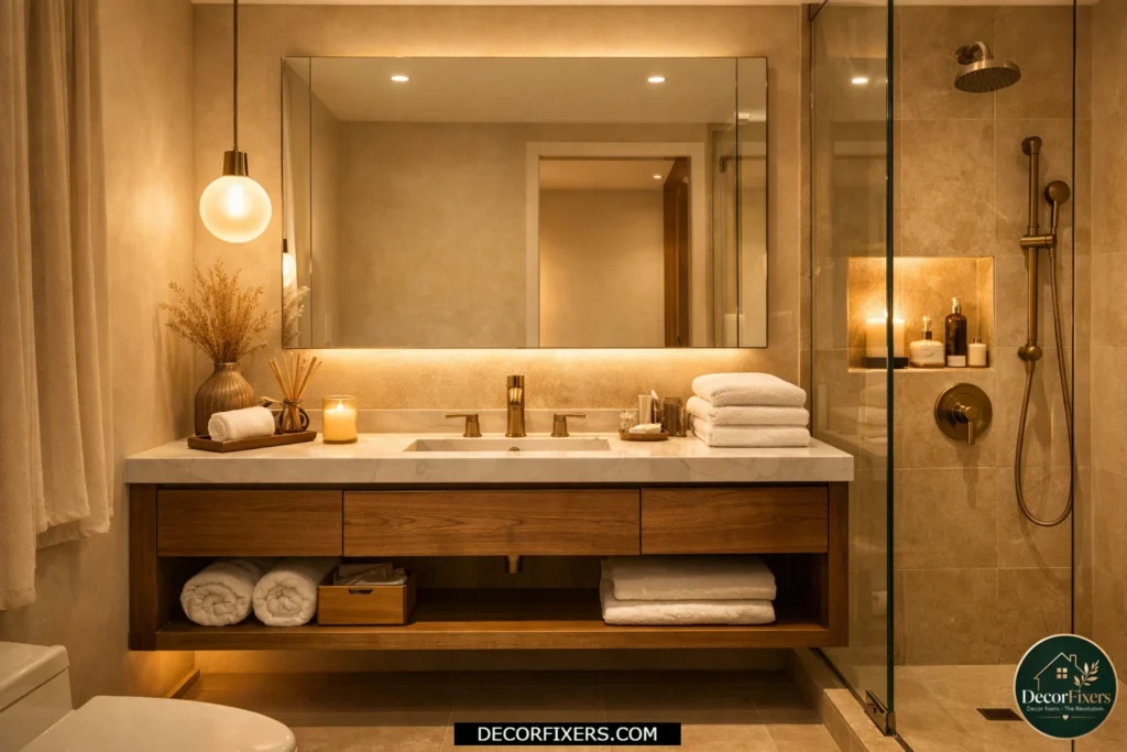 Small bathroom illuminated with warm white bulbs, creating a cozy, luxurious glow.