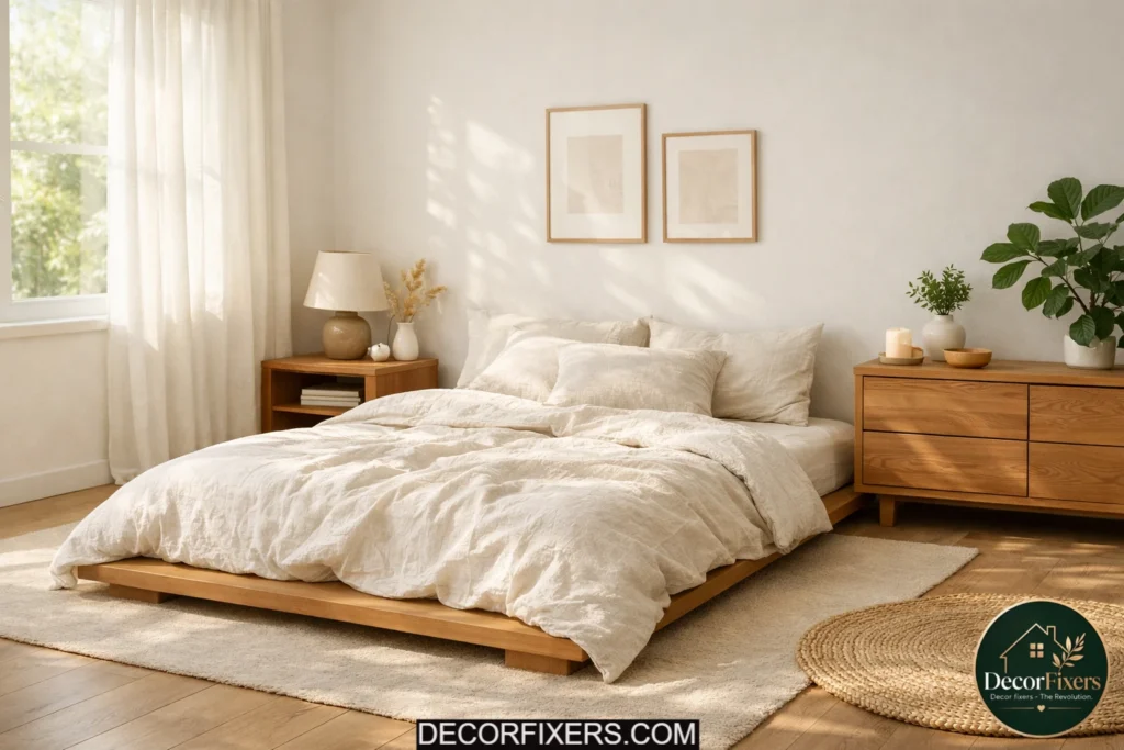 Warm white linen bedding in a cozy minimalist bedroom setting