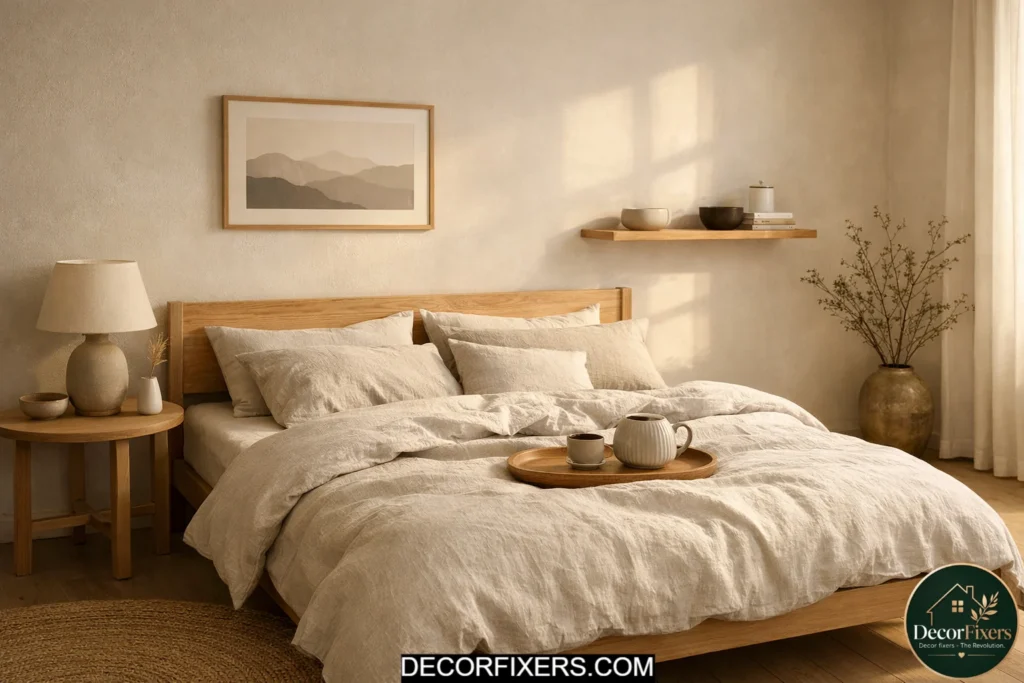 Japandi bedroom with warm white walls and soft natural wood textures