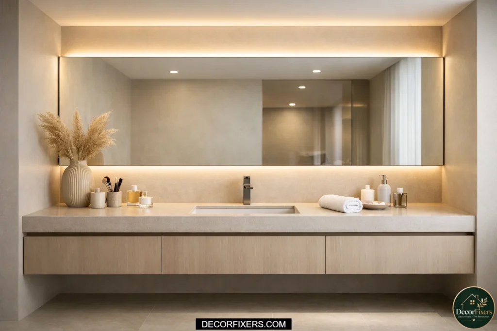 Warm white LED vanity strip lighting in a sleek modern bathroom.