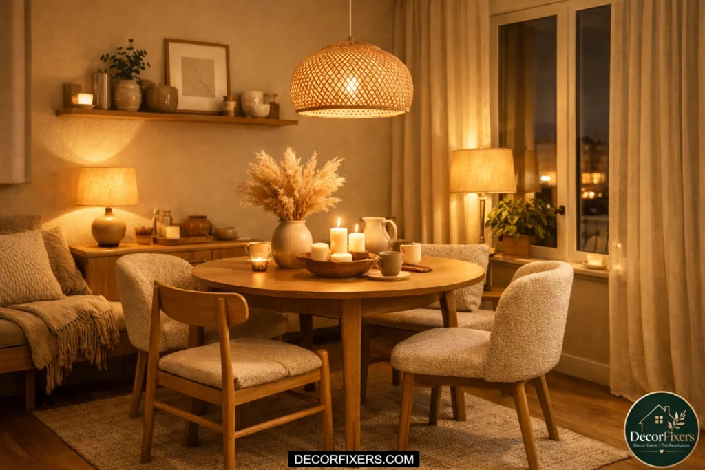 Warm white lighting in cozy compact dining room