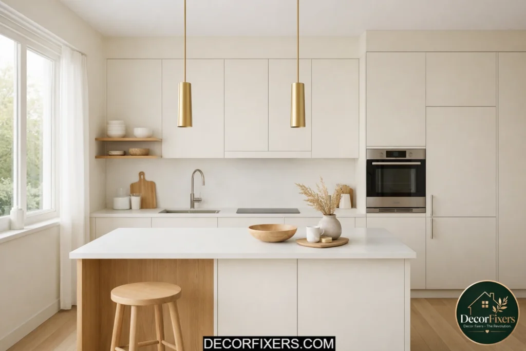 Warm white minimalist kitchen with natural wood accents and soft lighting