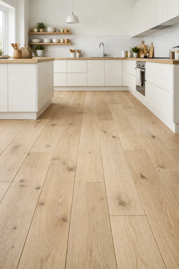 Pale oak flooring in Scandinavian kitchen interior