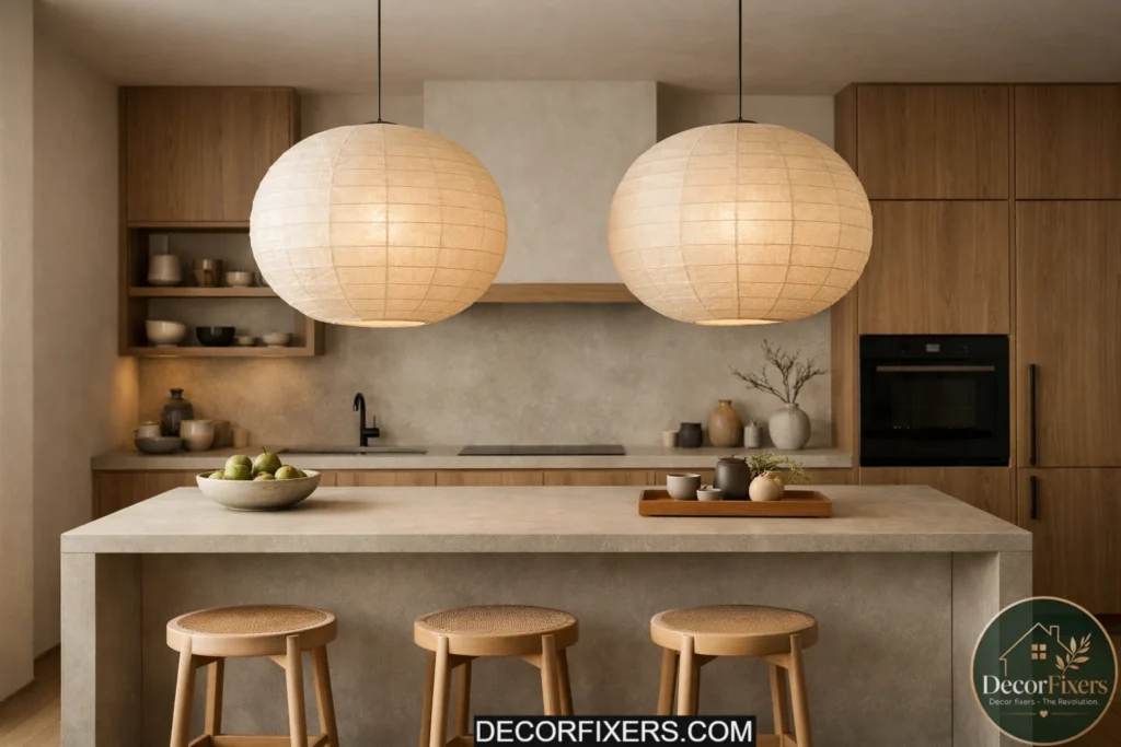 Japandi kitchen illuminated by warm washi paper pendant lighting.