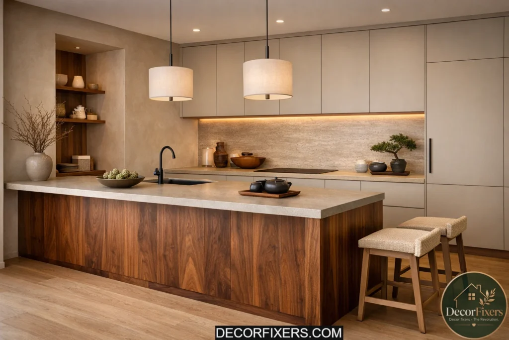 Japandi kitchen with a sculptural waterfall island and minimalist finishes.