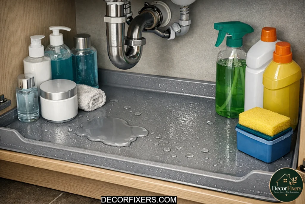 Waterproof liner protecting bathroom cabinet floor from spills