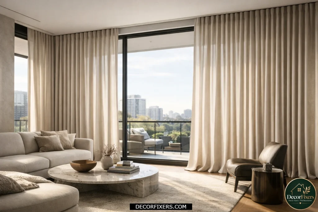 Ripple-fold wave curtains in a luxurious modern living room.