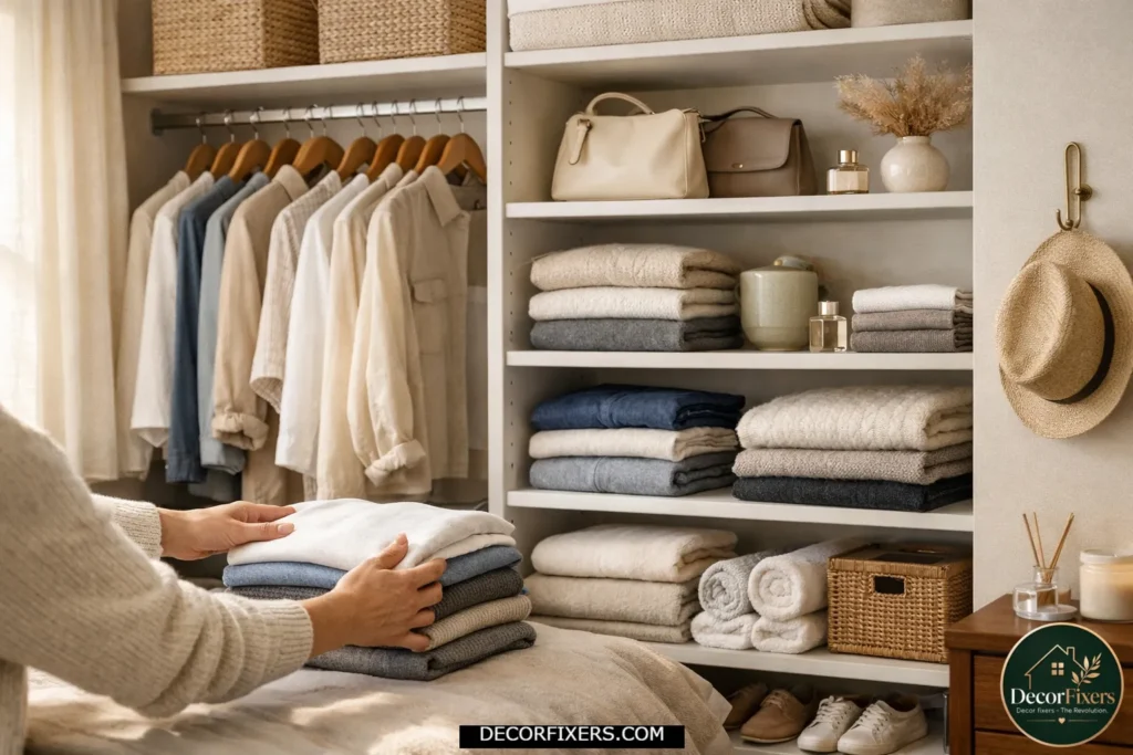 Organized bedroom closet during a weekly maintenance reset routine.