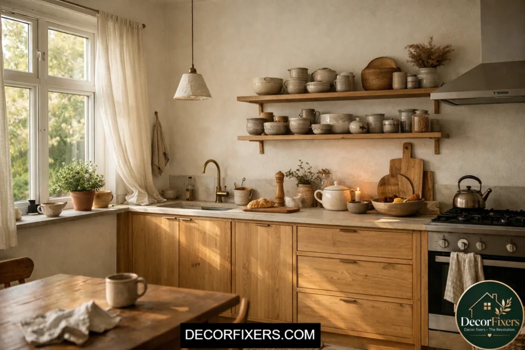 Warm Scandinavian kitchen with pale oak cabinets and cozy Nordic styling