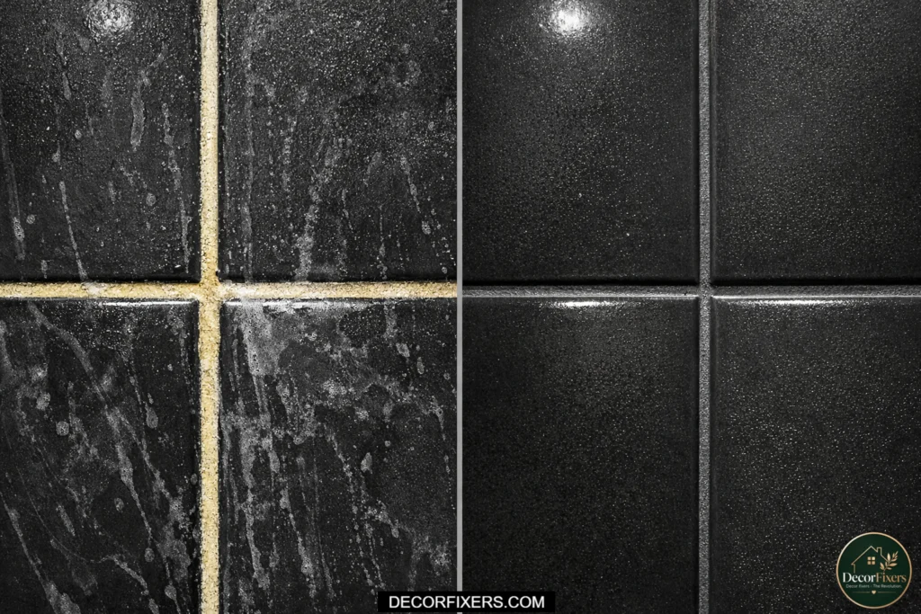 White grout on black tiles showing stains versus dark grout that maintains clean appearance