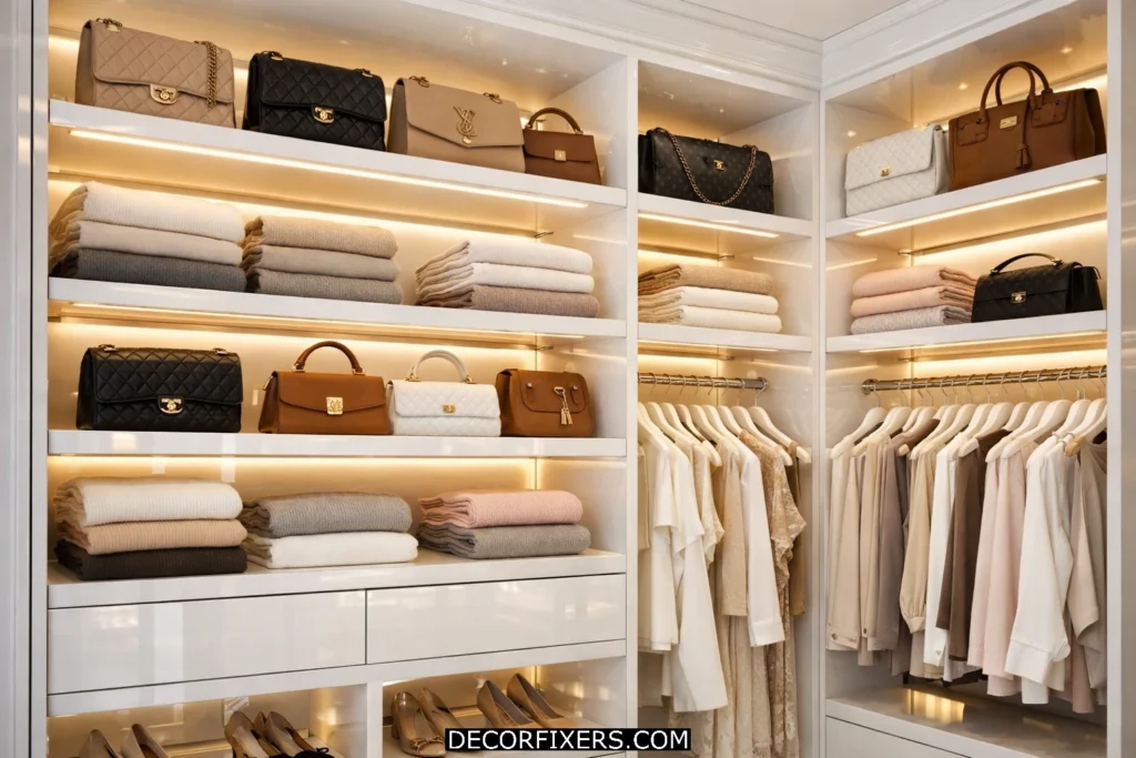 White lacquer closet shelving system with integrated LED lighting for a luxury look.