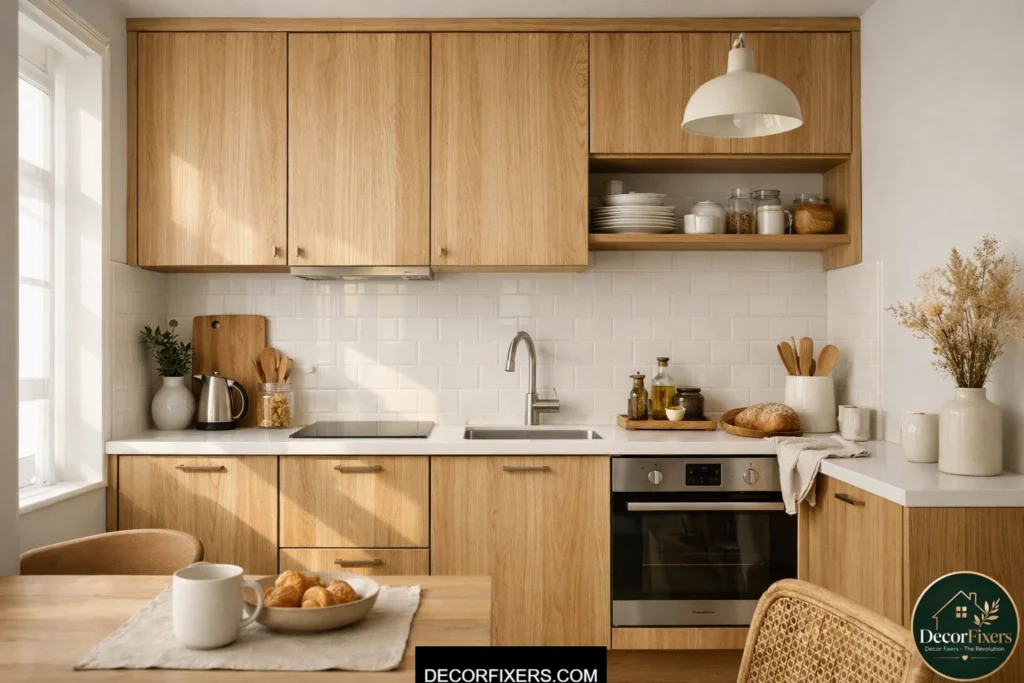 White oak cabinet fronts making a small kitchen feel warm and open