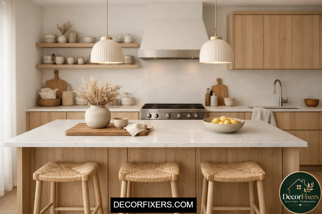 White quartz countertop in a warm Scandinavian kitchen