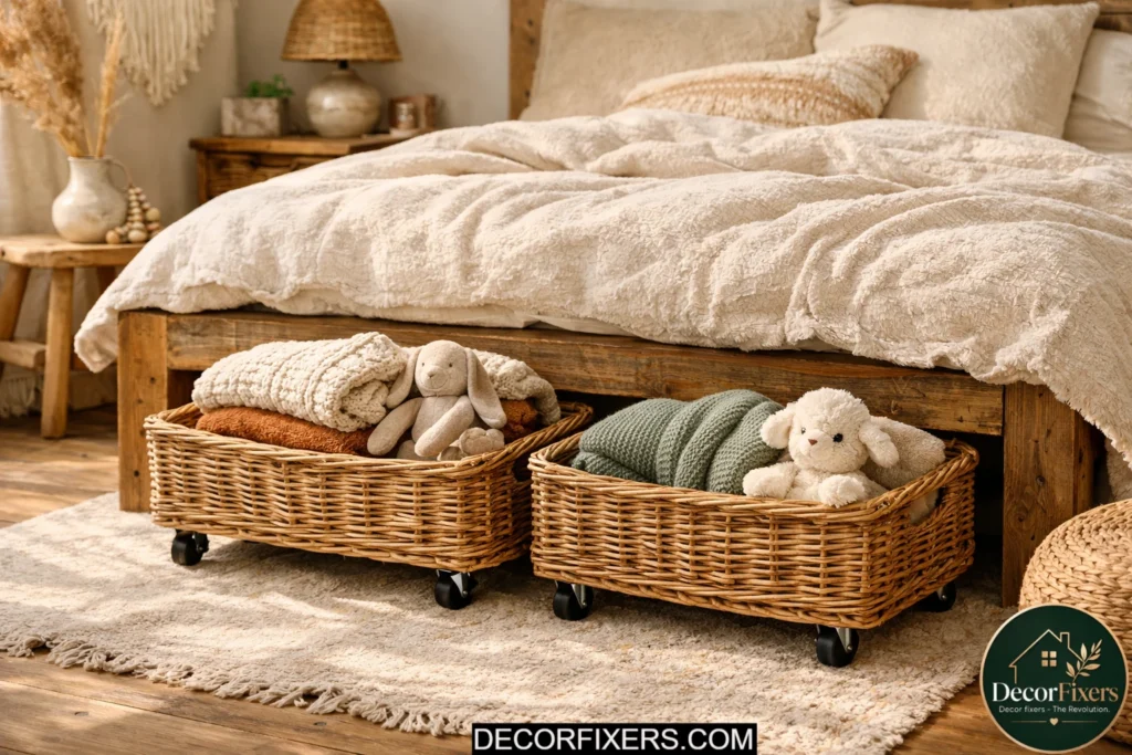 Wicker rolling baskets used for stylish underbed storage