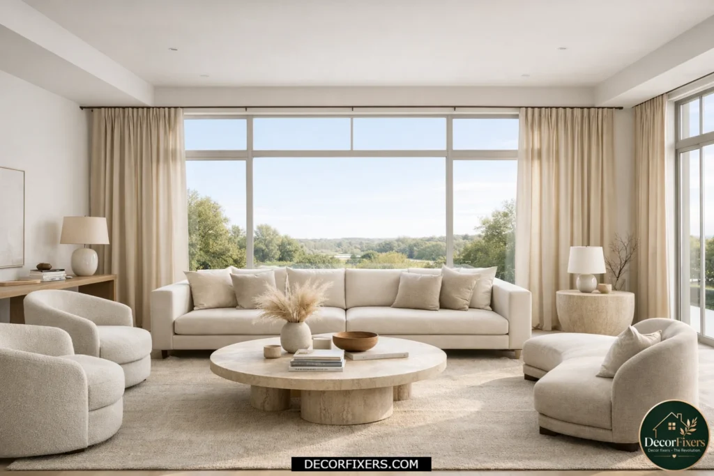 Wide-hung linen curtains making living room windows appear larger.