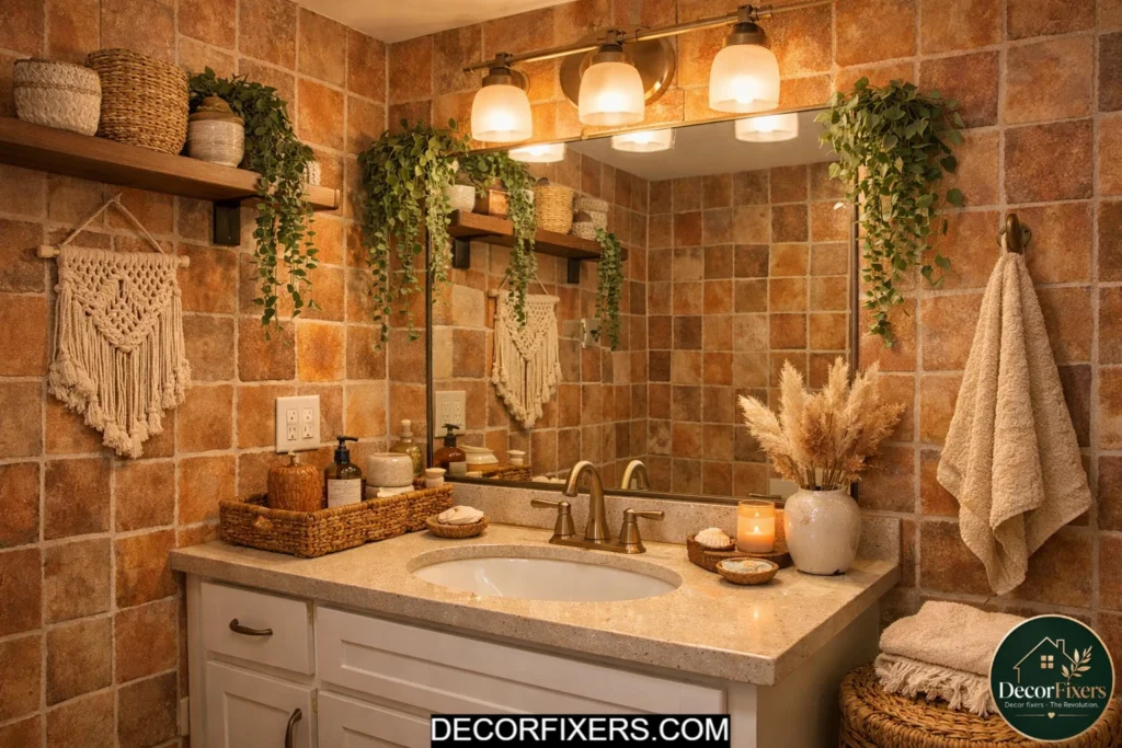 Cozy windowless boho bathroom with warm lighting, faux plants, and textured accent wall

