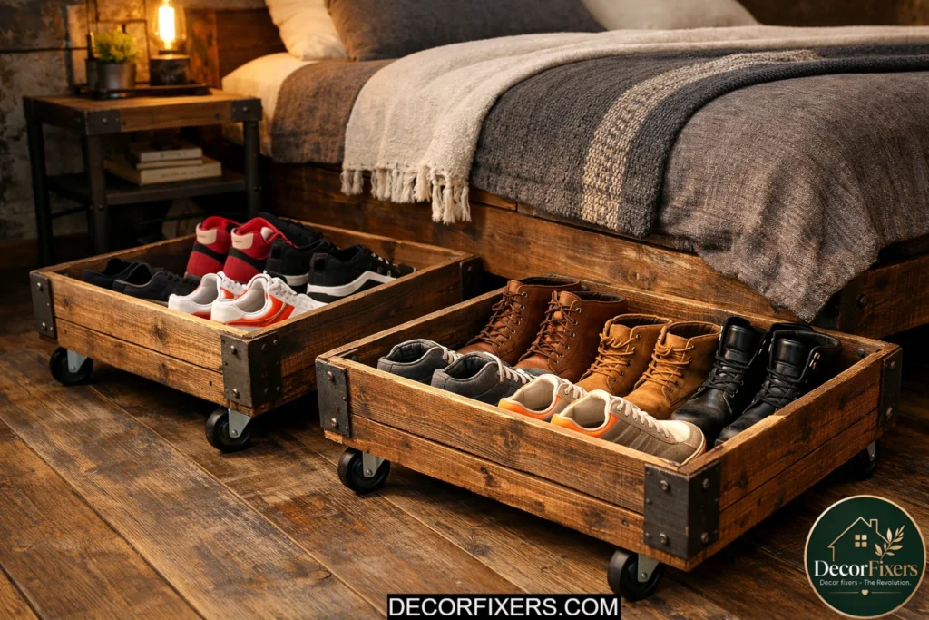 Repurposed wine crates used for underbed shoe storage