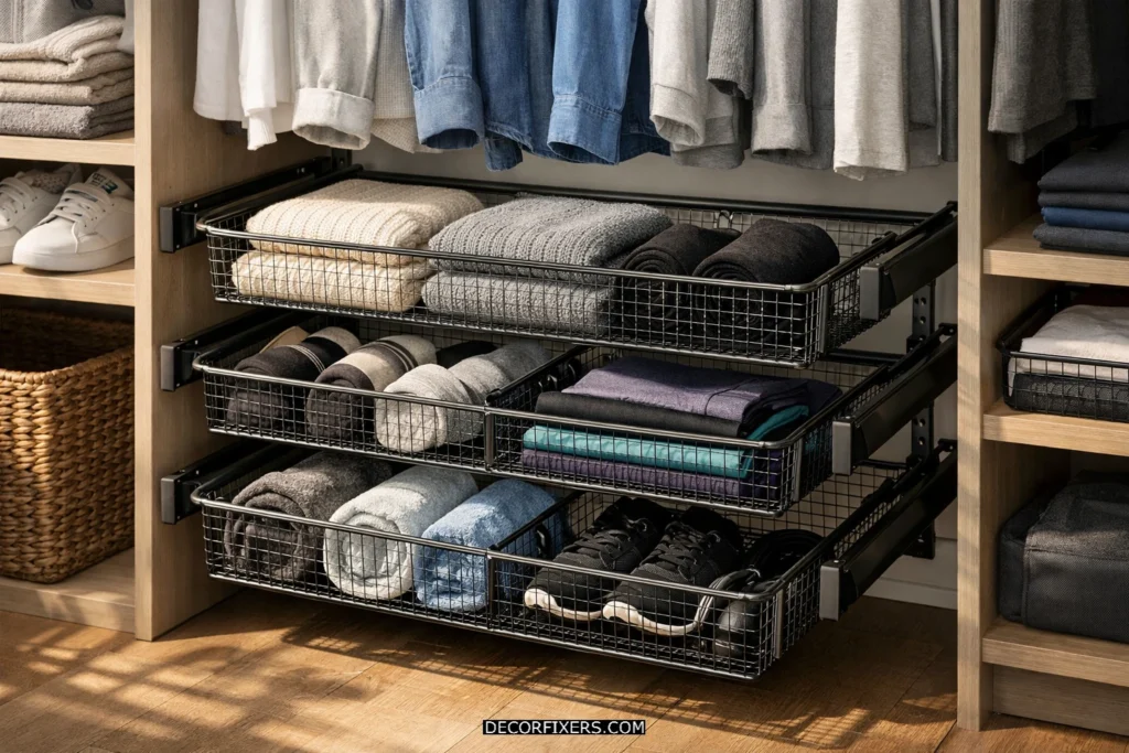 Pull-out wire basket drawer system in a closet.
