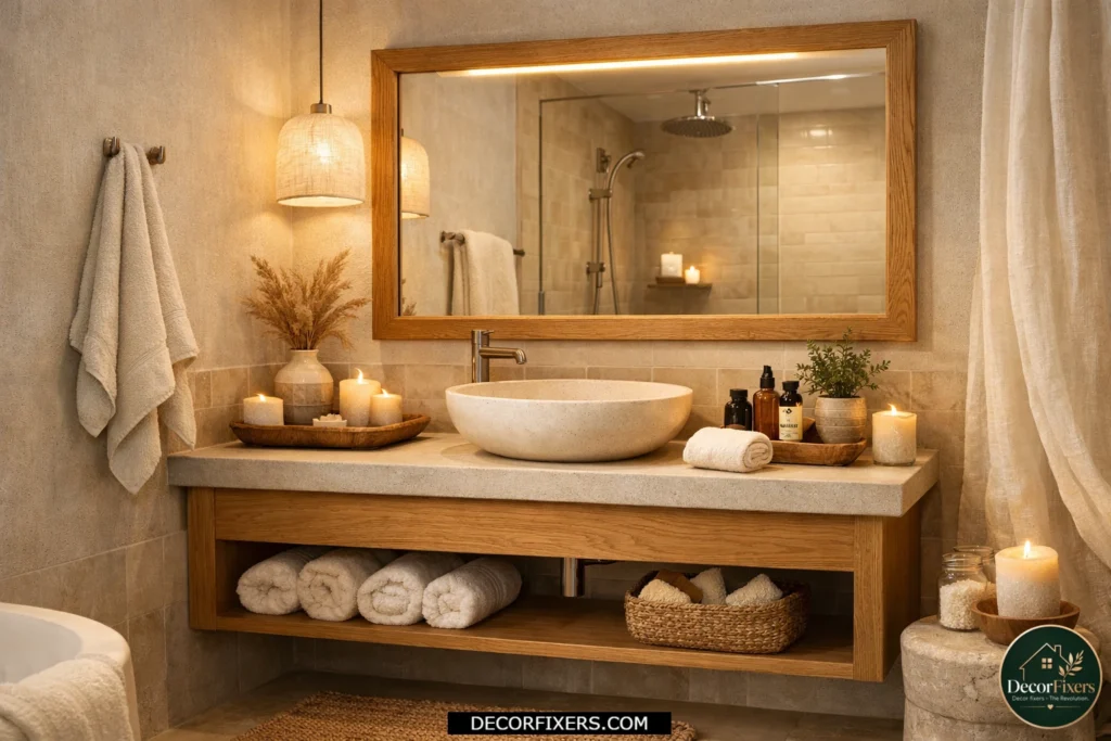 Warm wood-framed mirror adding organic texture and spa-like comfort to a tiny bathroom.