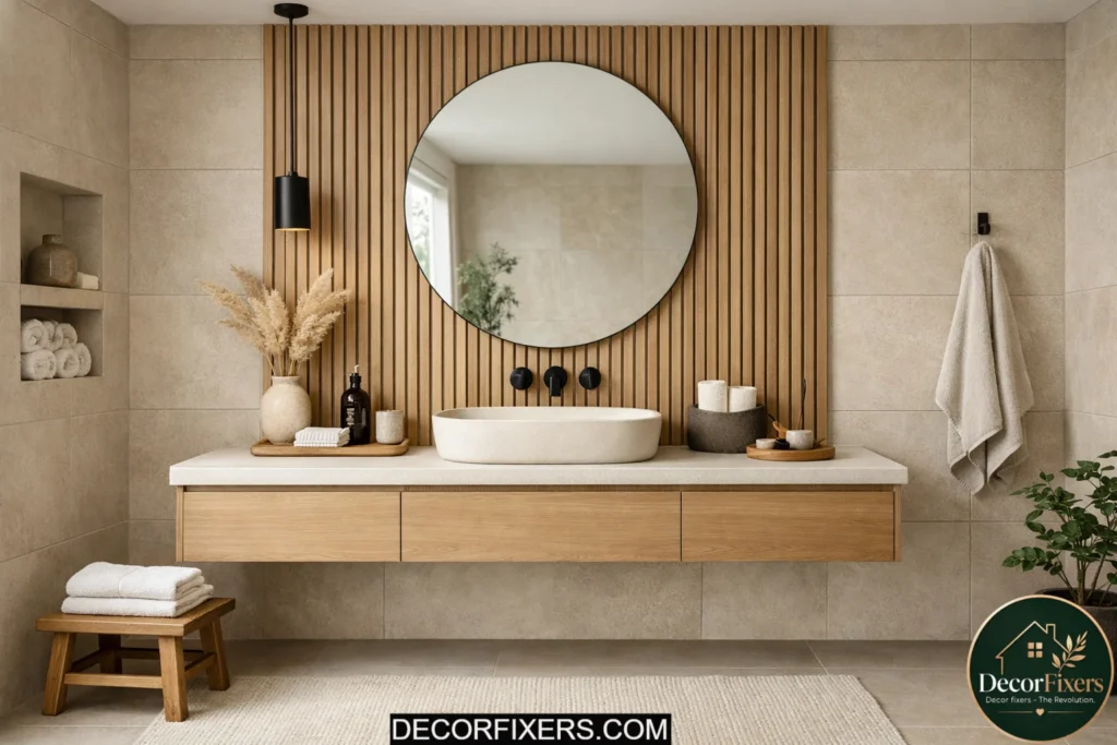 Japandi bathroom with vertical oak slat accent wall behind vanity