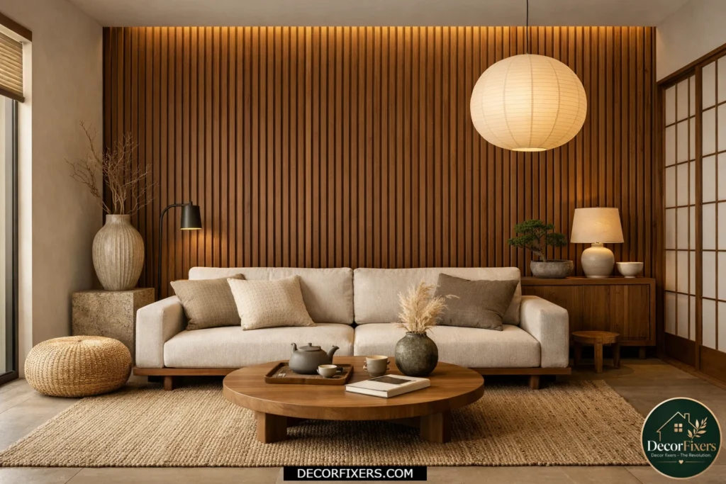 Japandi living room with walnut wood slat feature wall
