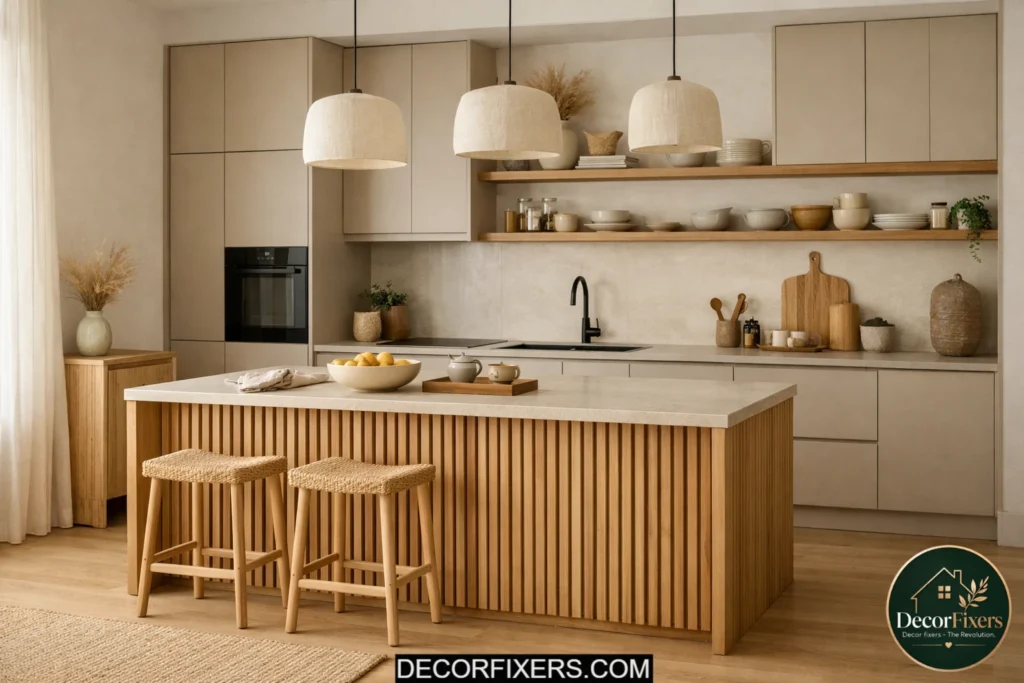 Japandi minimalist kitchen with oak wood textures and matte cabinetry