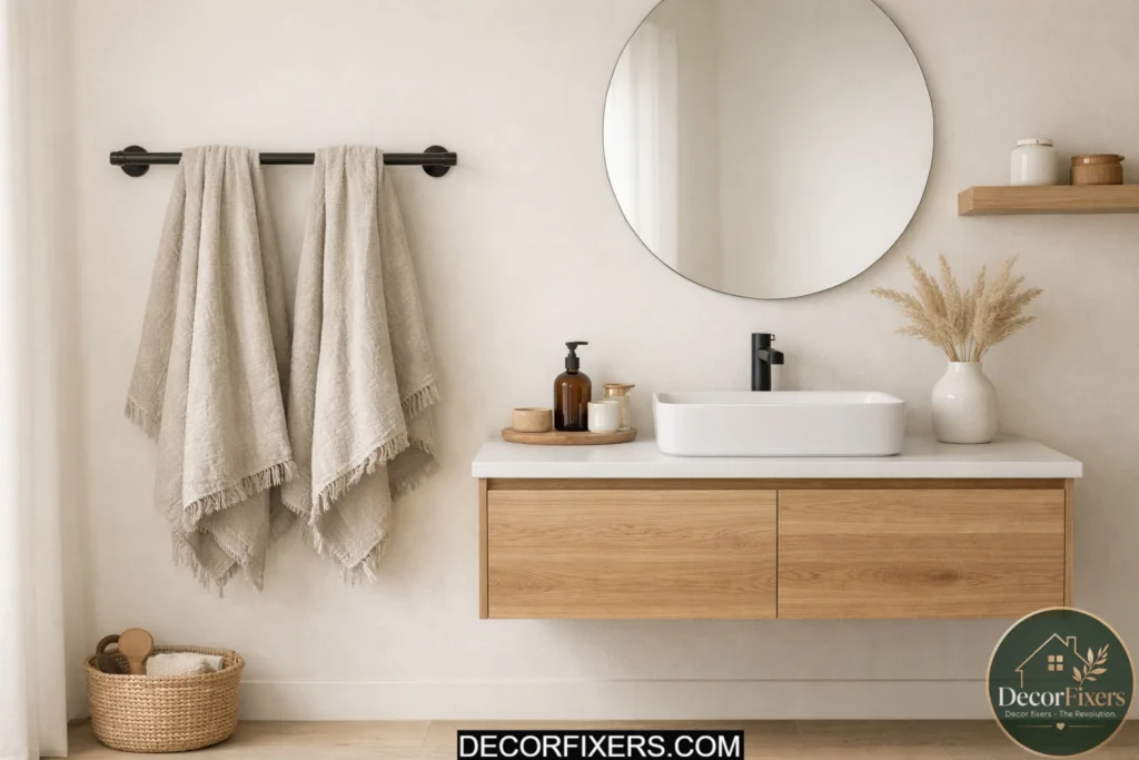 Nordic bathroom with teak slatted bath mat and warm neutral palette.