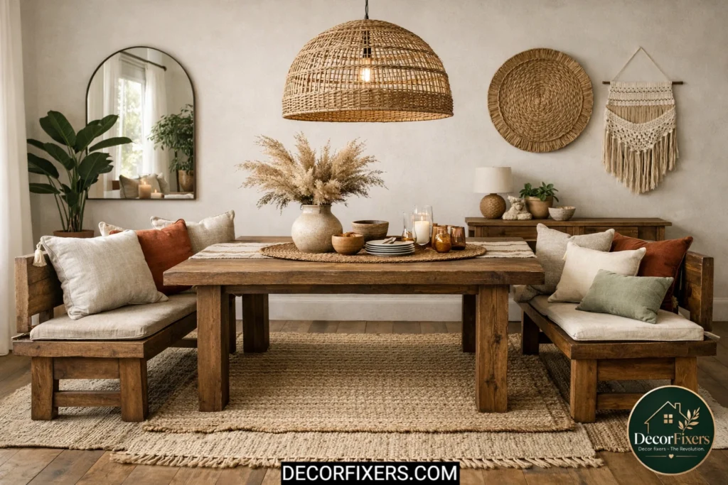 Wooden bench seating in a boho dining room
