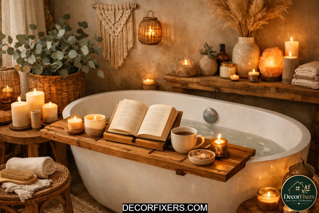 Wooden bath tray styled with candles and a plant across a freestanding tub in a boho bathroom