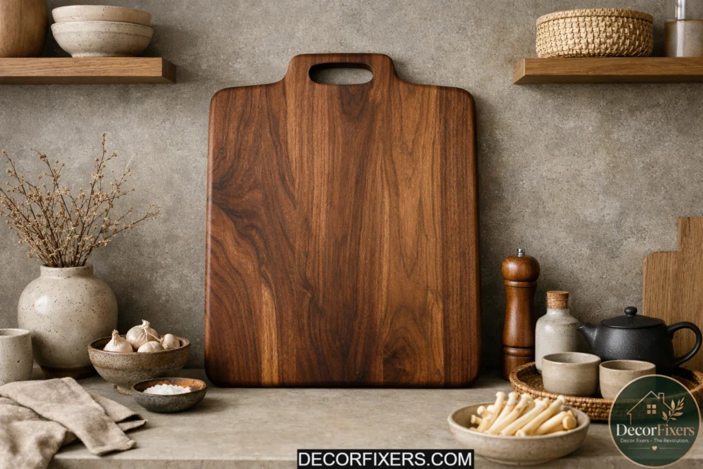 Japandi kitchen decorated with a large walnut cutting board and natural textures.