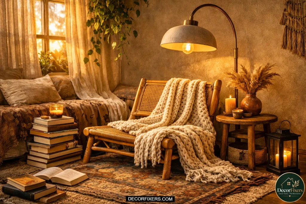 Rustic wooden blanket ladder decorated with linen throws and textured blankets inside a warm bohemian bedroom with woven rugs and natural sunlight.