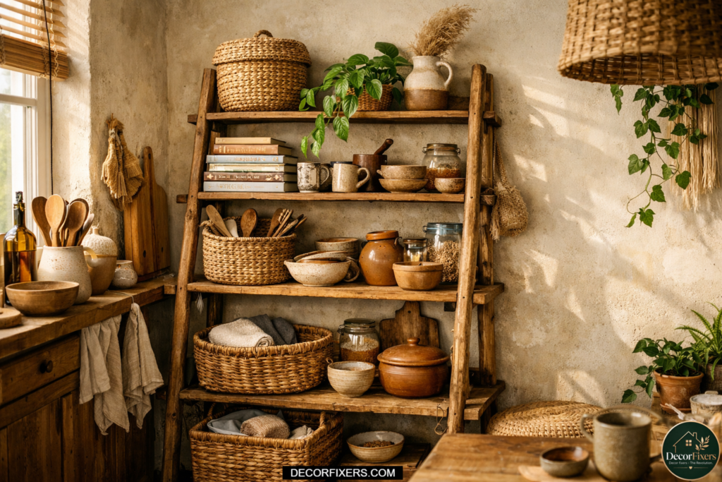 Freestanding wooden ladder shelf styled with plants and woven baskets in a small kitchen